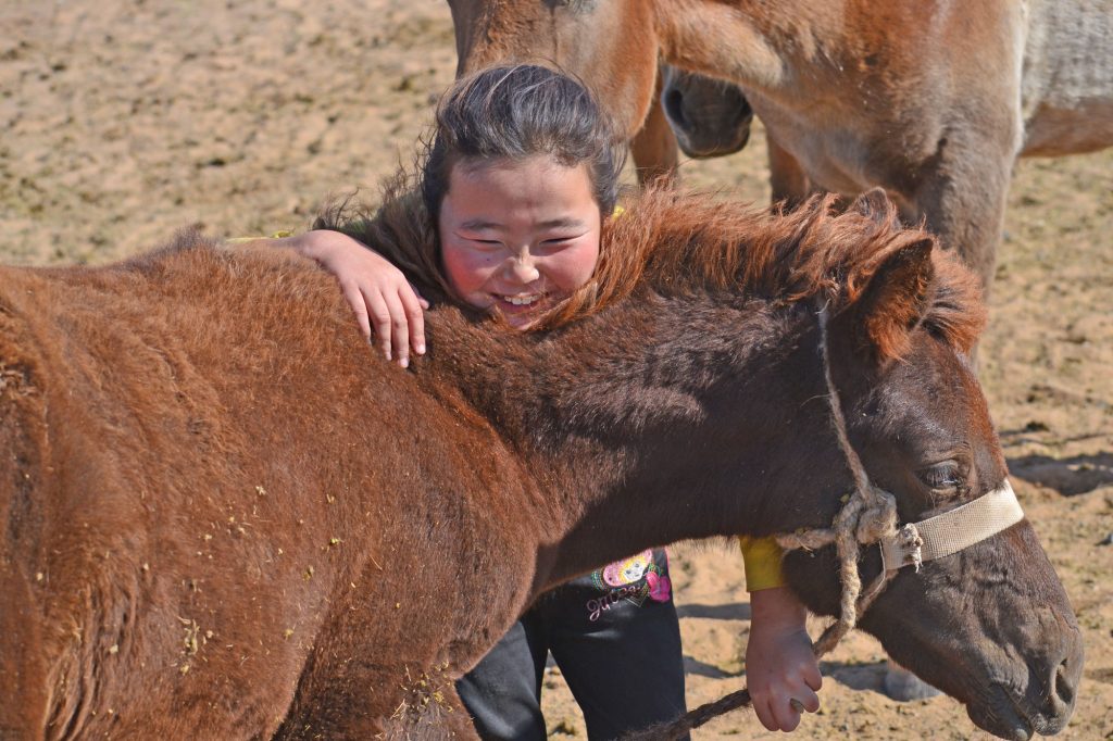 Cute mongolian child with horse