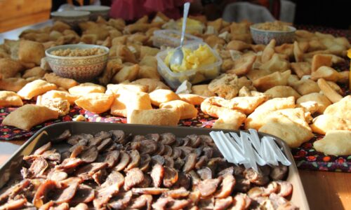 Kaz- horse meat and boortsog(deep-fried dough) with dairy.
