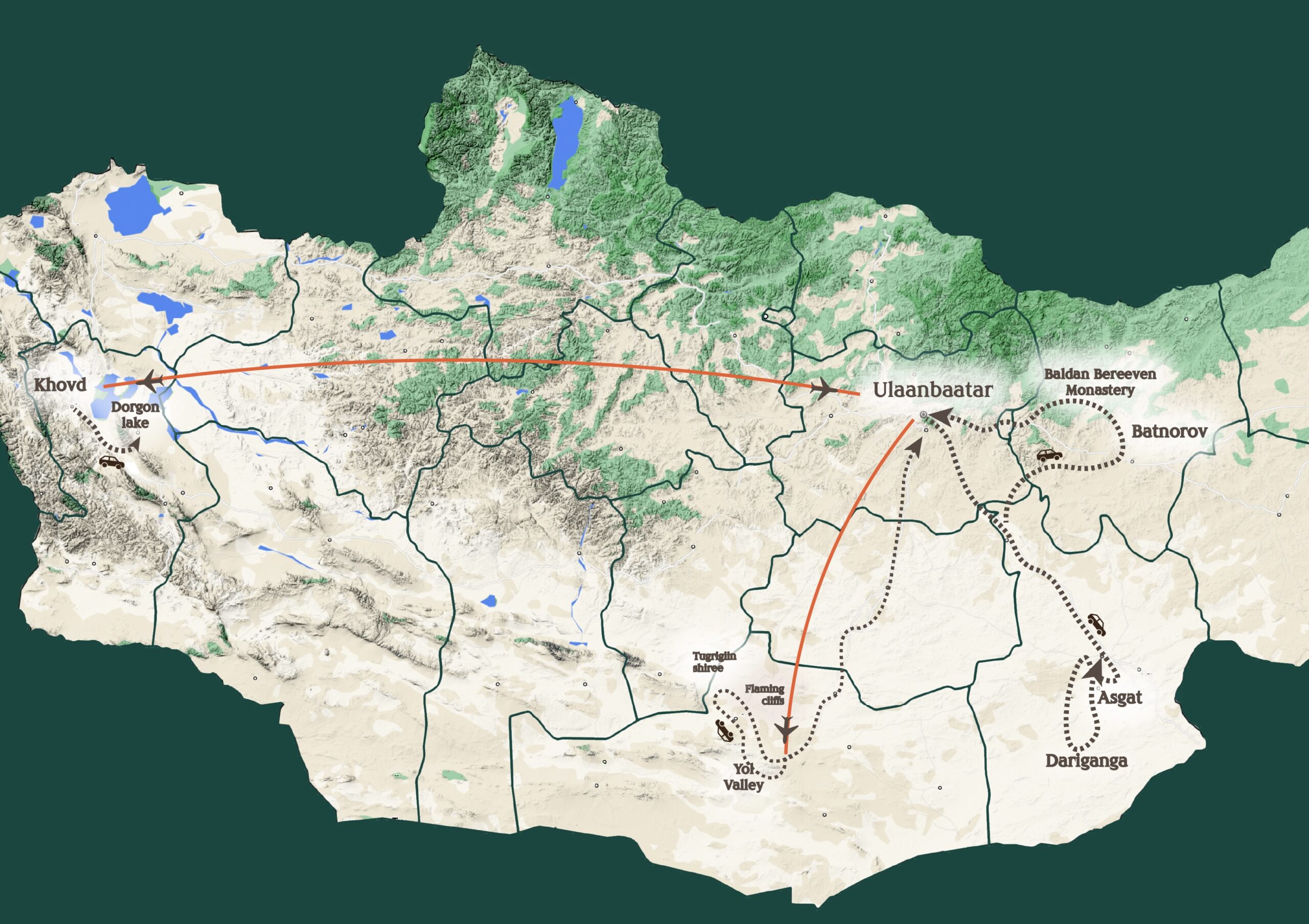 Atwood map 2025 Mongolia Quest map showing the route of the trip with Dr.Christopher Atwood( Starts in Eastern Mongolia, Then Western Mongolia and gobi desert).
