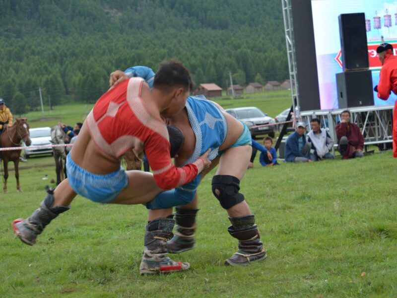 2 men wrestling during Naadam festival