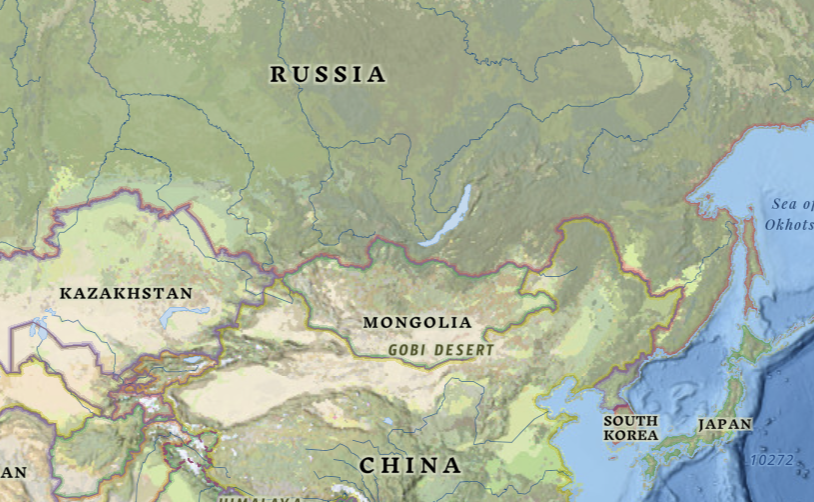 Map of Mongolia on shown world map by National Geographic
