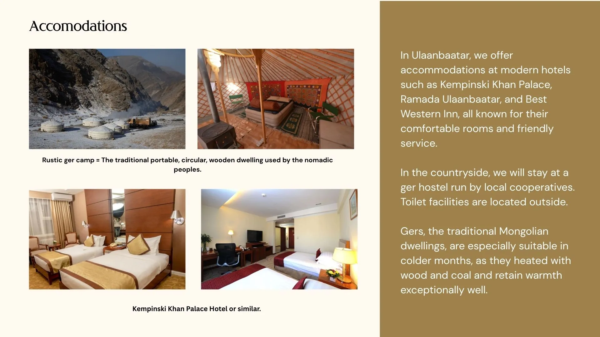 Accomodation Traditional ger accommodations and hotels used during Manul photography tour in Eastern Mongolia