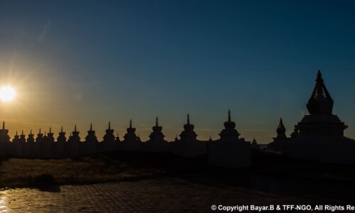 ErdeneZuu Monastery Silhouette of Stupas at Erdenezuu monastery during sunset.