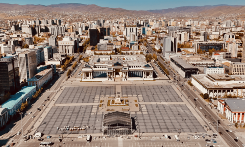 ulaanbaatar city drone shot A Chinggis Khan or Central Square shot by drone, Ulaanbaatar, Mongolia.