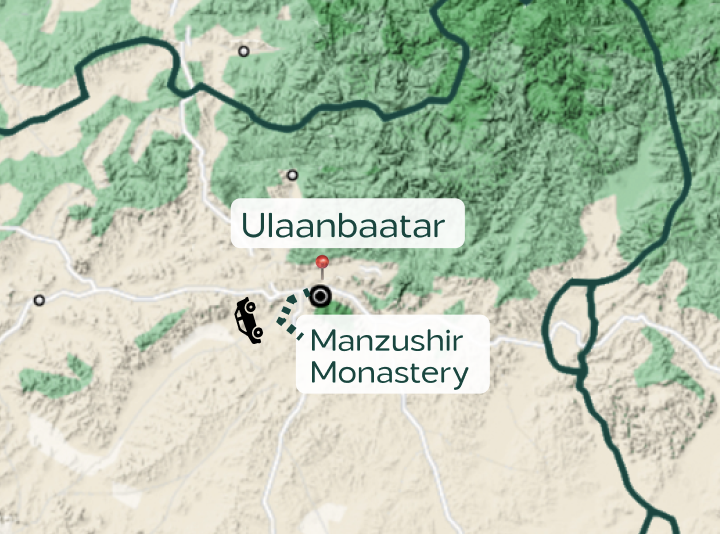 Manzushir Map Map showing the route from Ulaanbaatar to Bogd Khan Mountain and Manzushir Monastery