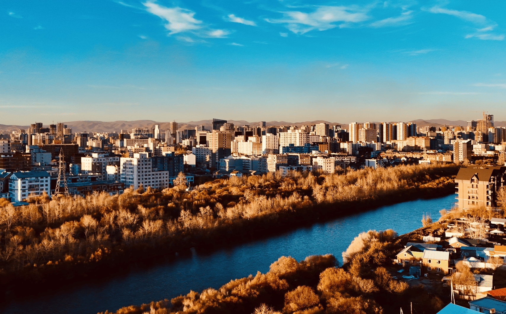 Tuul river Walking route along the Tuul River near Ulaanbaatar, marked trail with views of the city skyline, birding spots, and surrounding wetland habitat.
