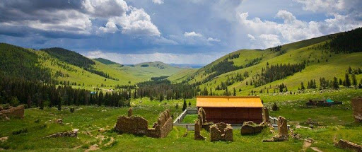 Manzushir Monastery Ruins of Manzushir Monastery on Bogd Khan Mountain, surrounded by pine forest, showcasing Buddhist architecture and mountain serenity near Ulaanbaatar.